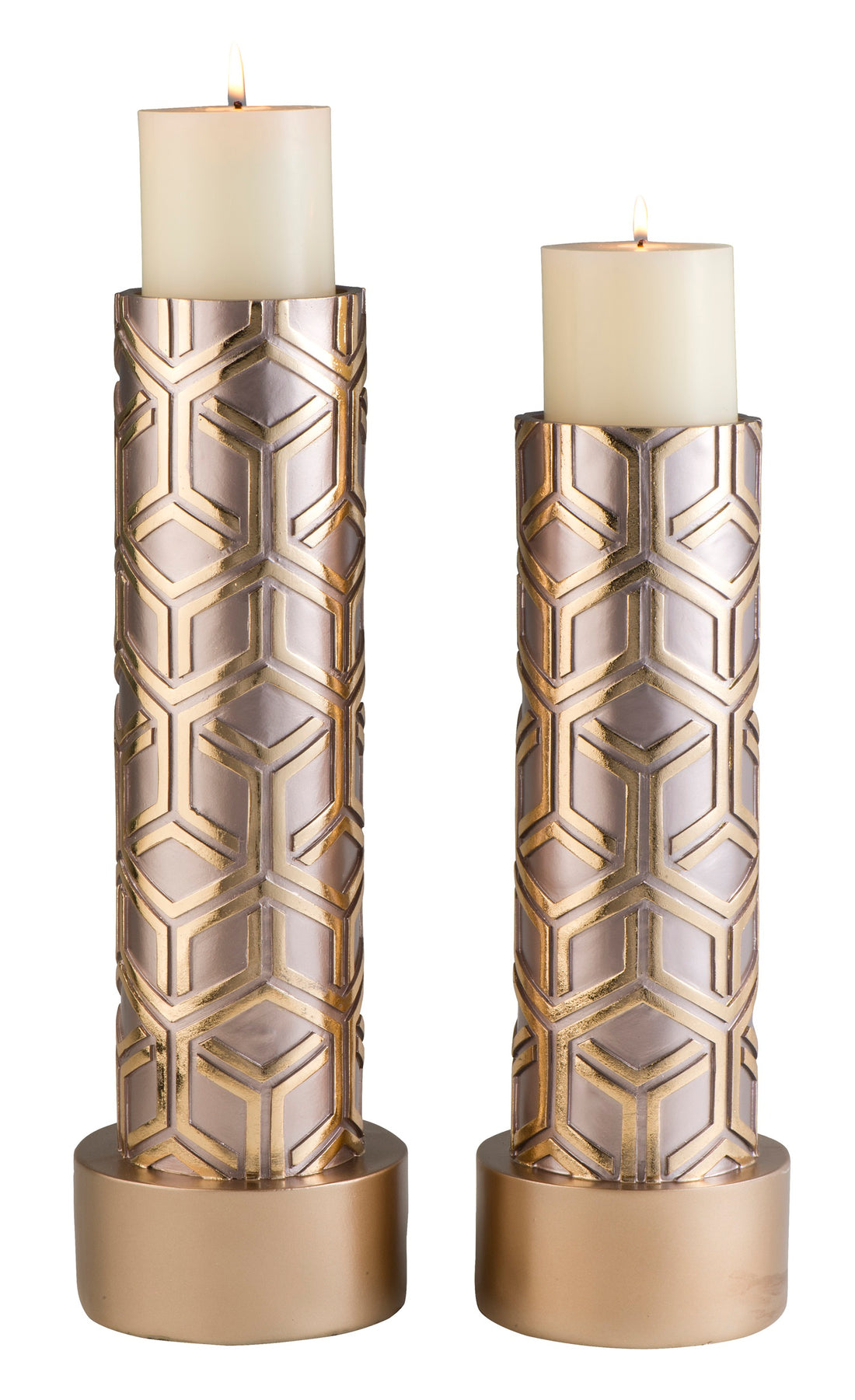 14" And 16" Tall Polyresin Candleholder, Golden Finish Set Of 2 Gold Polyresin