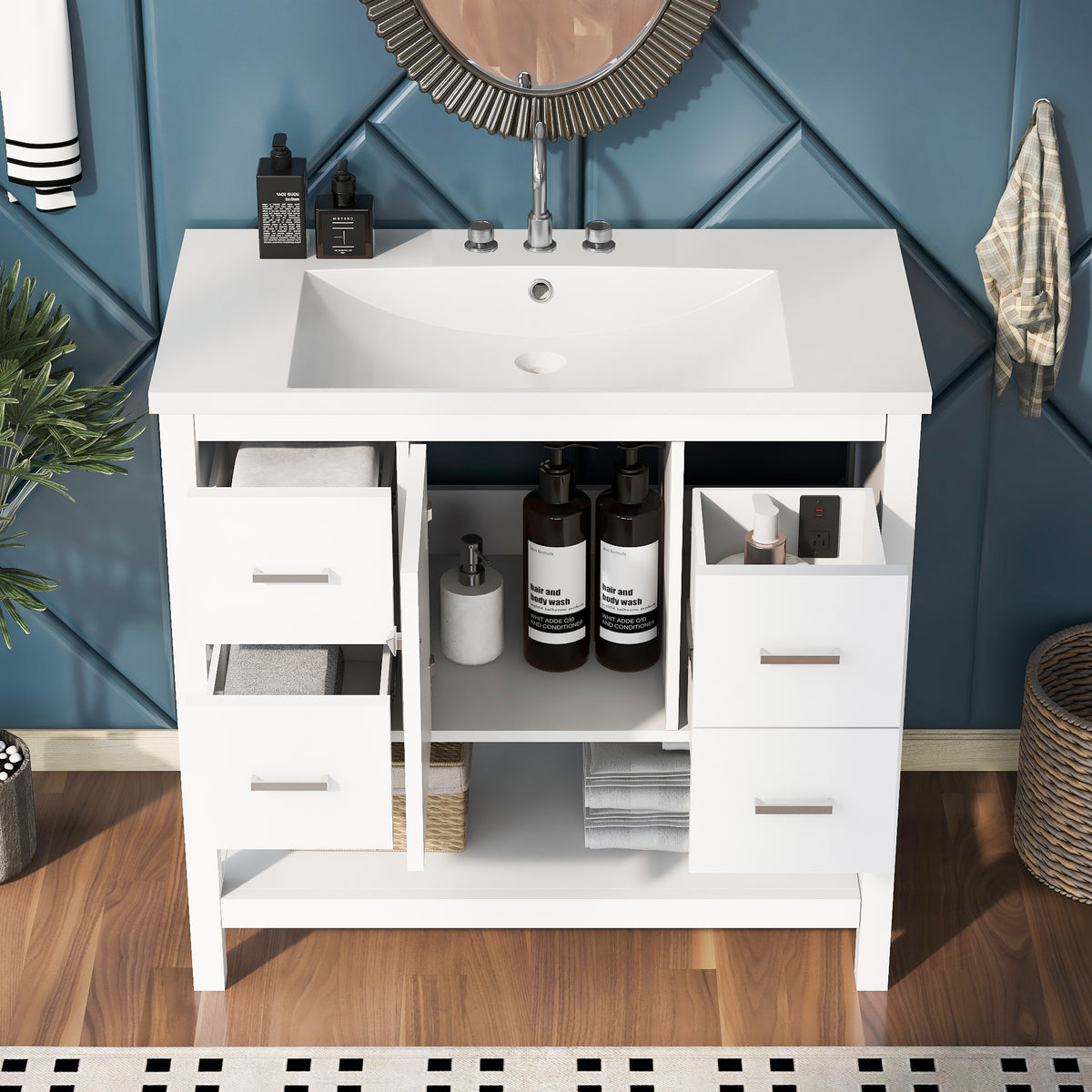 36" White Modern Bathroom Vanity With Usb,Two Shallow Drawers, One Deep Drawer,One Door,Single Resin Sink,Small Bathroom Organization Cabinet White Solid Wood Mdf Resin