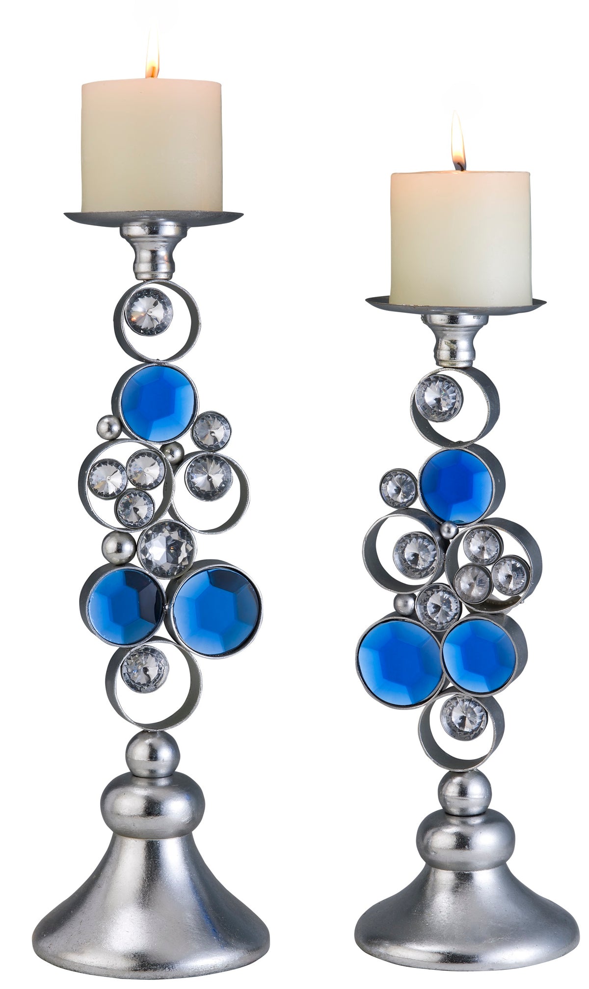 14" And 16" Tall Polyresin" Dazzle" Candleholder, Silver Finish Set Of 2 Multicolor Polyresin