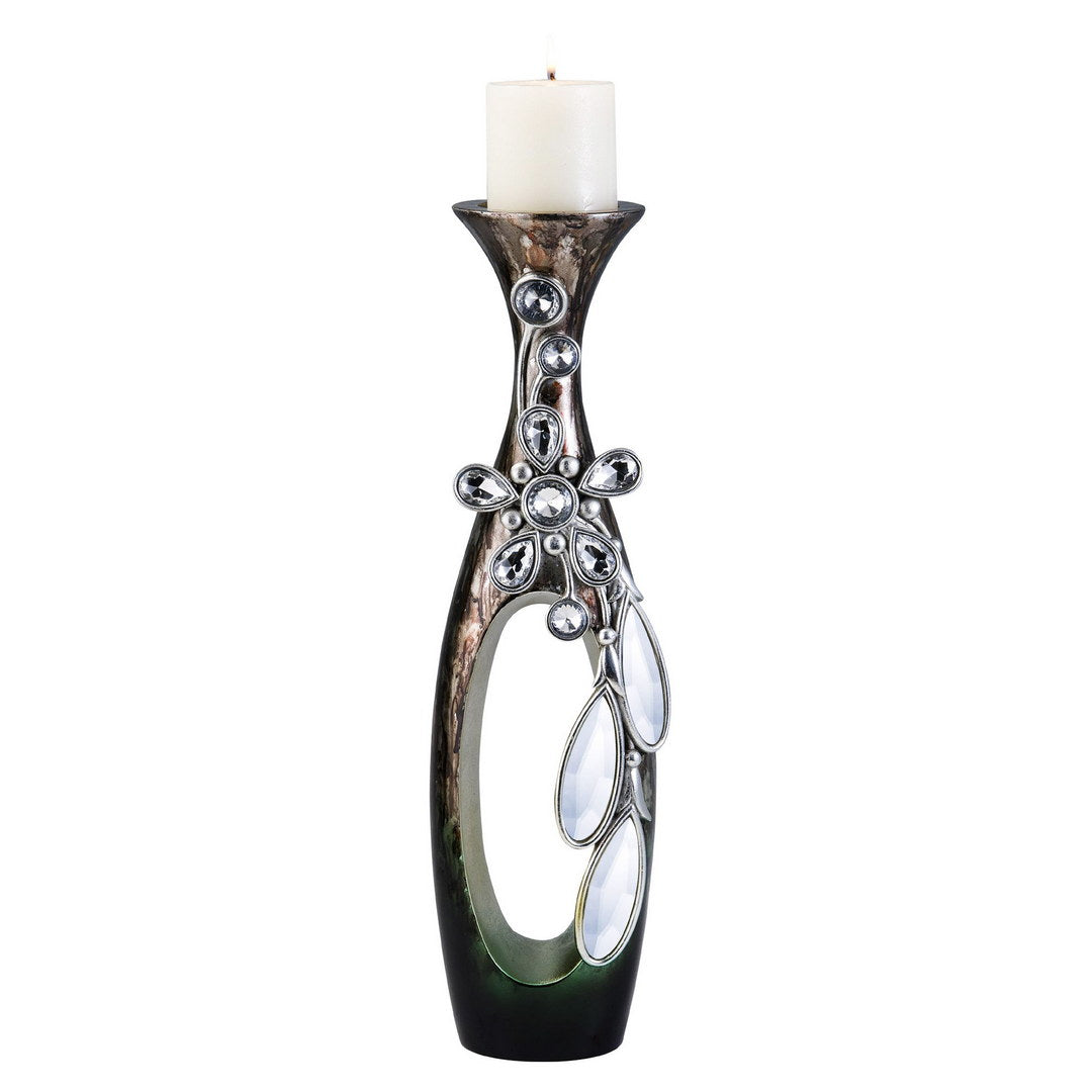 16" Tall Polyresin "Balleria" Candleholder, Crystal And Glass Accent Multicolor Polyresin