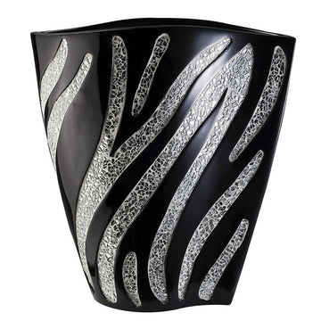 14" Tall Polyresin Decorative Vase, Black Finish With Silver Zebra Pattern Multicolor Polyresin