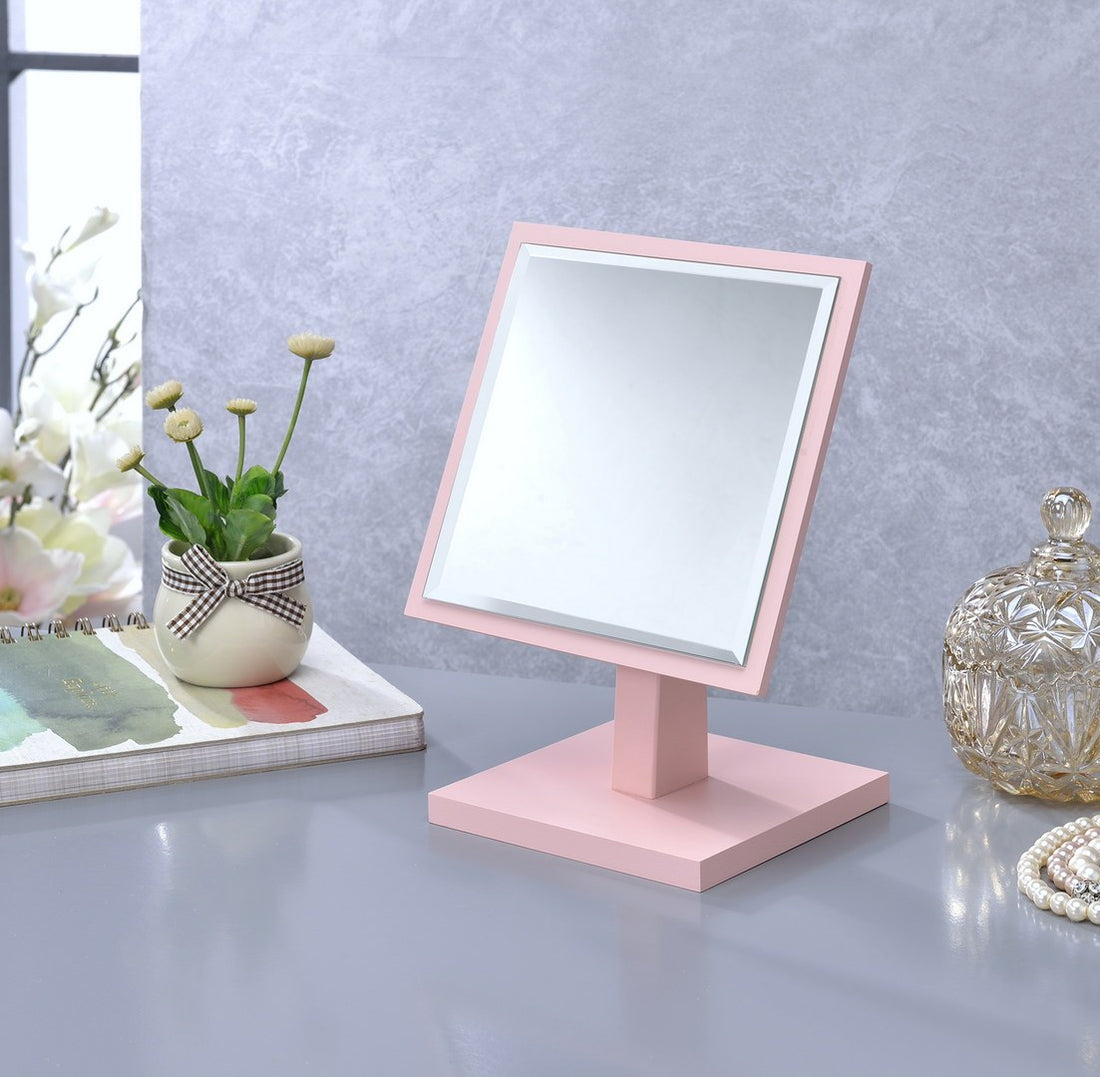 9.5" Tall Polyresin And Wood Make Up Mirror On A Pedestal, Pastel Pink Finish Pink Wood