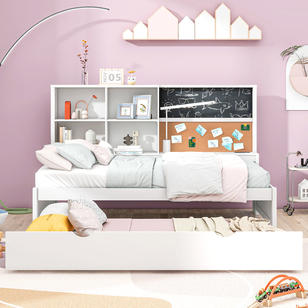 Twin Size Daybed With Storage Shelves, Blackboard, Cork Board, Usb Ports And Twin Size Trundle, White Box Spring Not Required Twin White Wood Pine Daybeds Solid Wood Mdf
