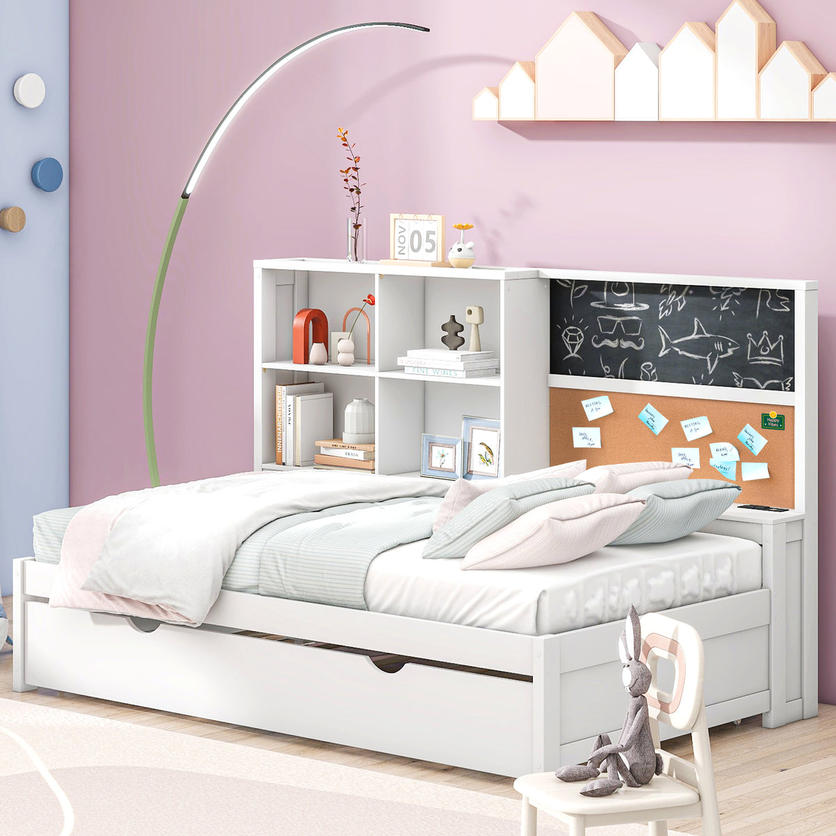 Twin Size Daybed With Storage Shelves, Blackboard, Cork Board, Usb Ports And Twin Size Trundle, White Box Spring Not Required Twin White Wood Pine Daybeds Solid Wood Mdf