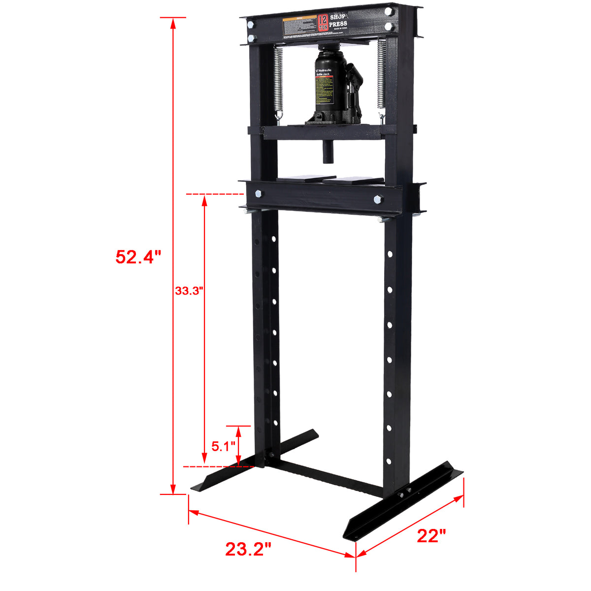 Hydraulic Shop Press ,12 Ton Capacityfloor Mount ,With Press Plates, H Frame Garage Floor Press, Adjustable Working Table Height,Black Black Steel