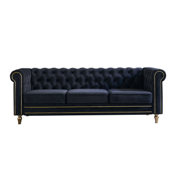 Chesterfield Velvet Sofa 84.65 Inch For Living Room Black Color Black Velvet Wood Tufted Back Mid Century Modern Rolled Arms Foam Velvet 3 Seat