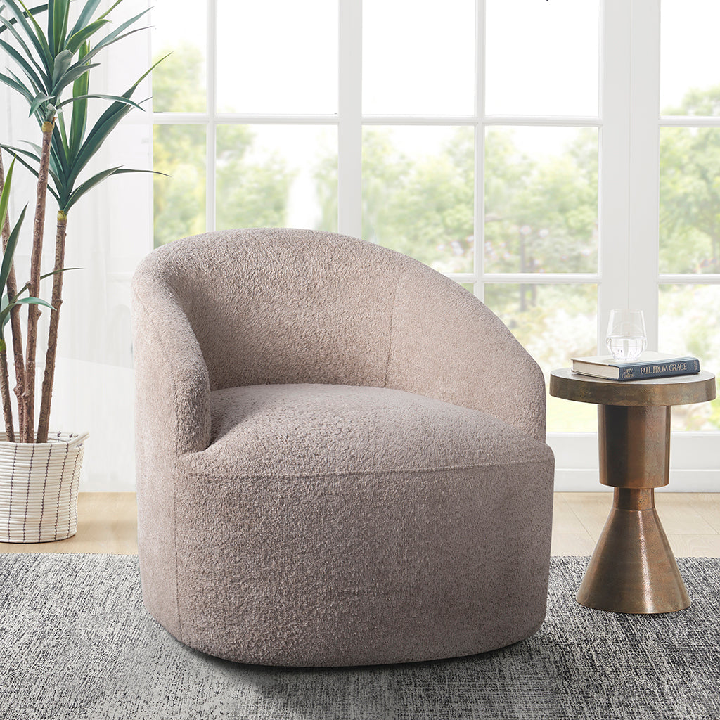 Upholstered 360 Degree Swivel Chair Beige Polyester