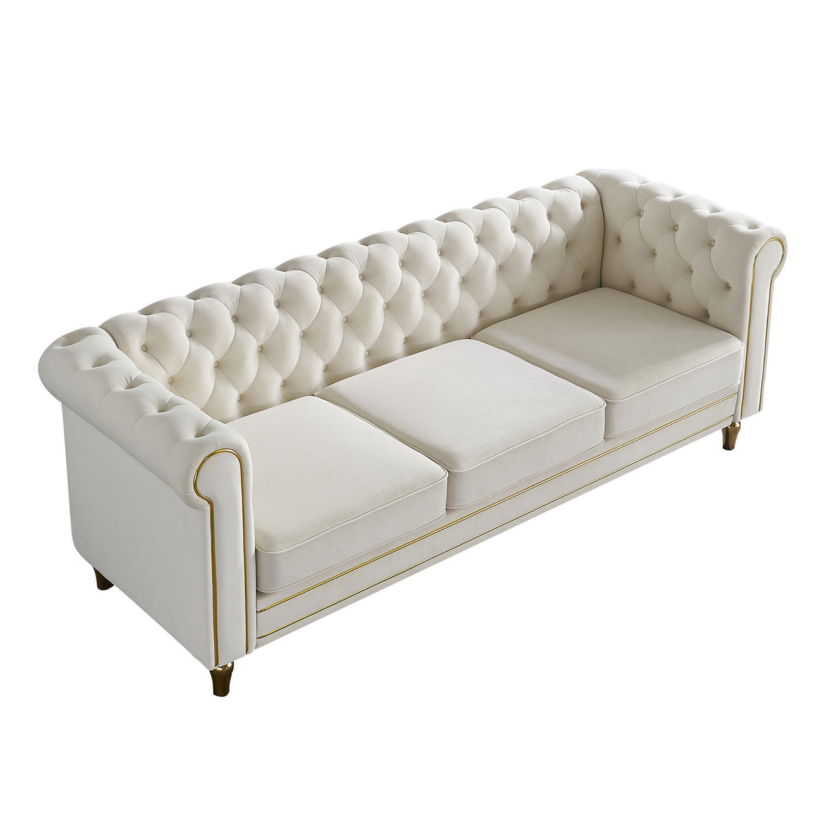 Chesterfield Velvet Sofa 84.65 Inch For Living Room Beige Color Beige Foam Velvet