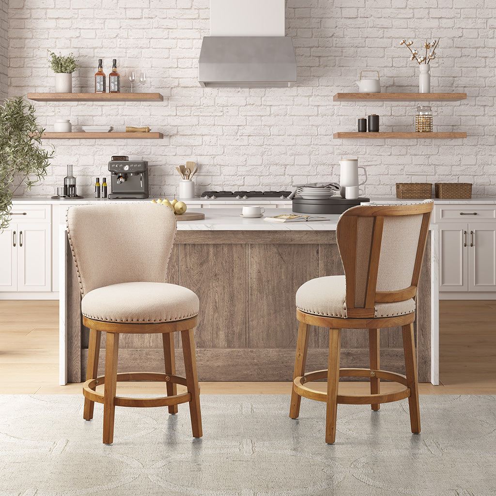 Upholstered 360 Degree Swivel Counter Stool 25" H Tan Polyester