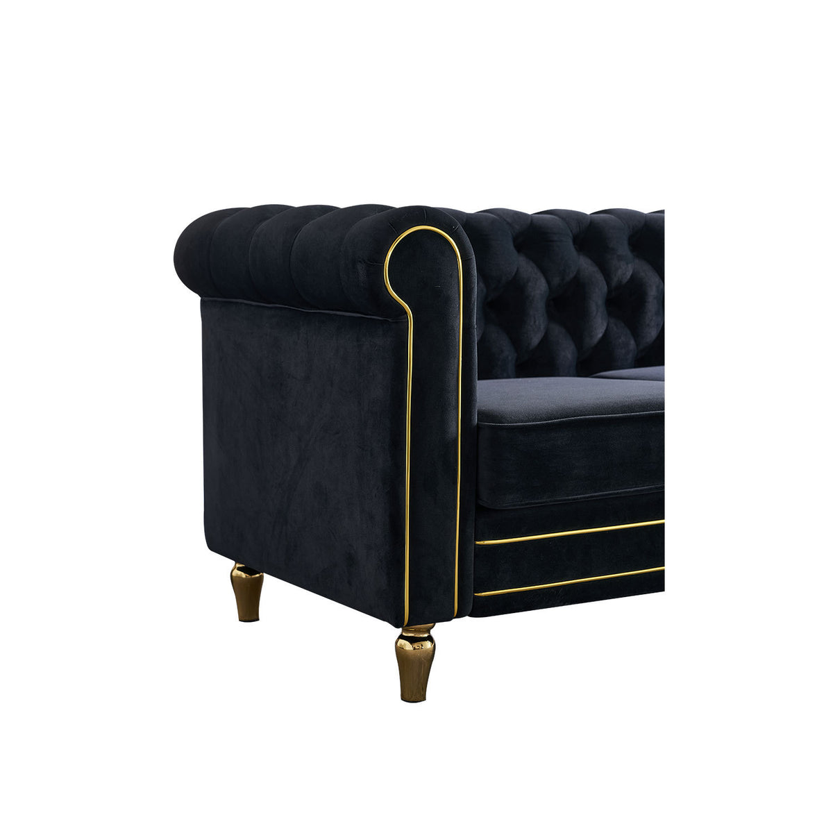 Chesterfield Velvet Sofa 84.65 Inch For Living Room Black Color Black Velvet Wood Tufted Back Mid Century Modern Rolled Arms Foam Velvet 3 Seat