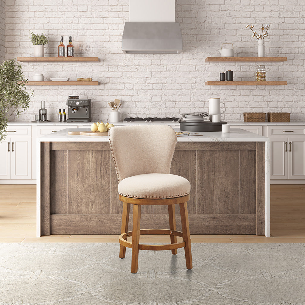 Upholstered 360 Degree Swivel Counter Stool 25" H Tan Polyester