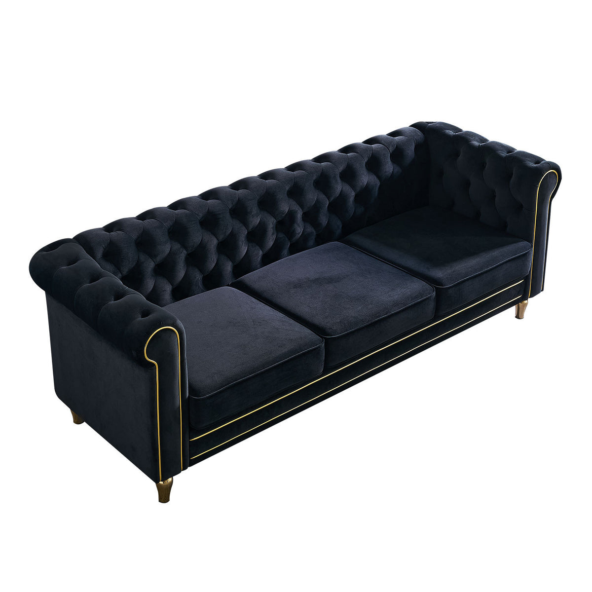 Chesterfield Velvet Sofa 84.65 Inch For Living Room Black Color Black Velvet Wood Tufted Back Mid Century Modern Rolled Arms Foam Velvet 3 Seat