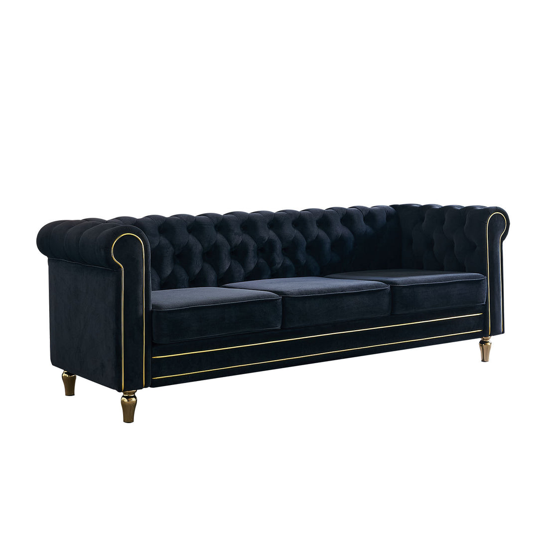 Chesterfield Velvet Sofa 84.65 Inch For Living Room Black Color Black Velvet Wood Tufted Back Mid Century Modern Rolled Arms Foam Velvet 3 Seat