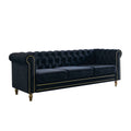 Chesterfield Velvet Sofa 84.65 Inch For Living Room Black Color Black Velvet Wood Tufted Back Mid Century Modern Rolled Arms Foam Velvet 3 Seat
