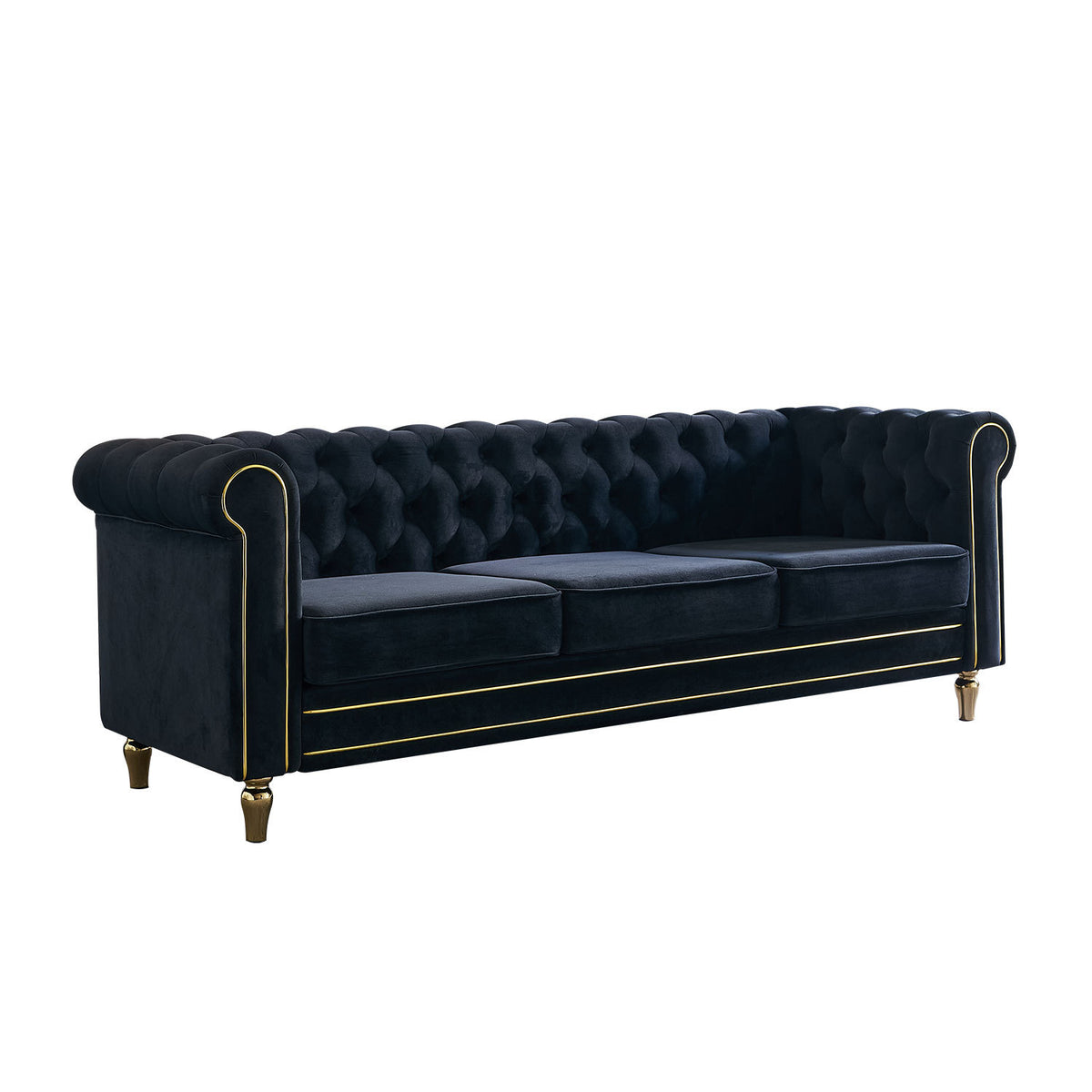 Chesterfield Velvet Sofa 84.65 Inch For Living Room Black Color Black Velvet Wood Tufted Back Mid Century Modern Rolled Arms Foam Velvet 3 Seat