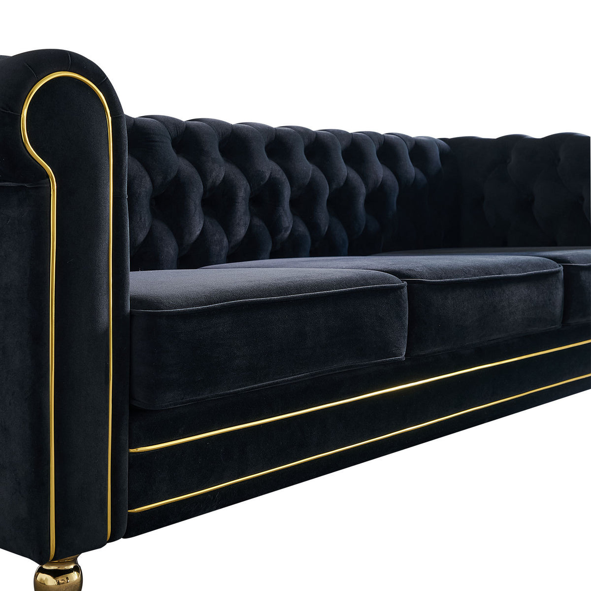 Chesterfield Velvet Sofa 84.65 Inch For Living Room Black Color Black Velvet Wood Tufted Back Mid Century Modern Rolled Arms Foam Velvet 3 Seat