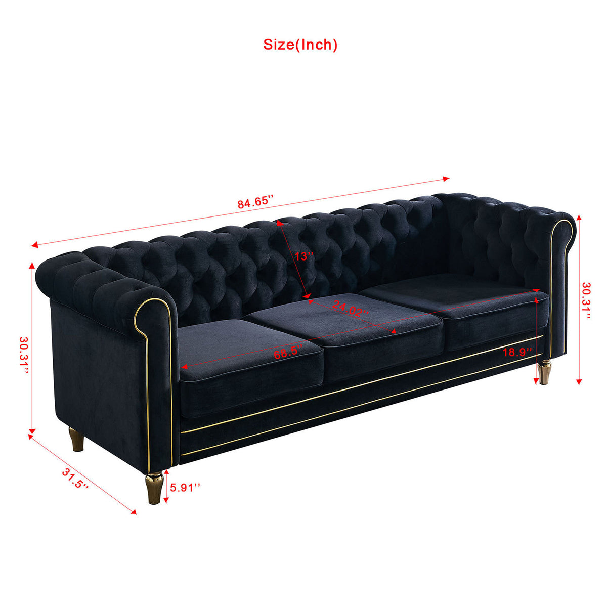 Chesterfield Velvet Sofa 84.65 Inch For Living Room Black Color Black Velvet Wood Tufted Back Mid Century Modern Rolled Arms Foam Velvet 3 Seat