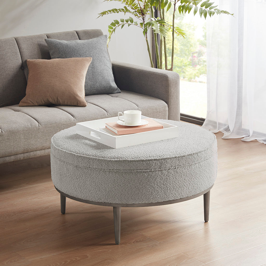 Upholstered Round Cocktail Ottoman With Metal Base 34" Dia Grey Polyester