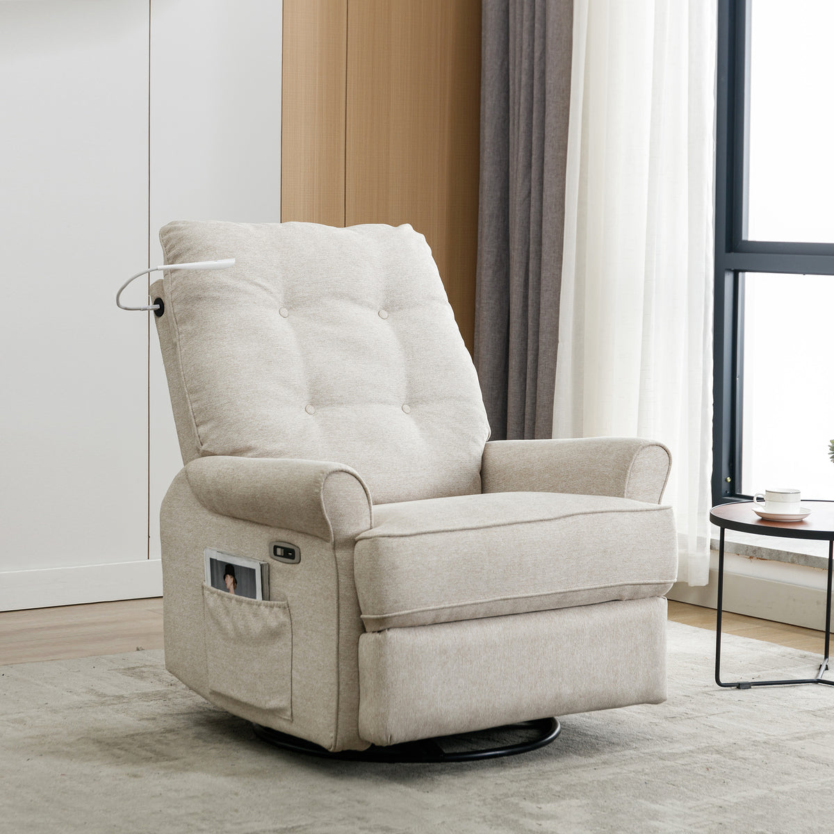 Reclining Chair 270 Degree Swivel Recliner Chairs With Usb Port, Side Pocket And Touch Sensitive Lamp For Living Room, Bedroom, Cream Cream Linen