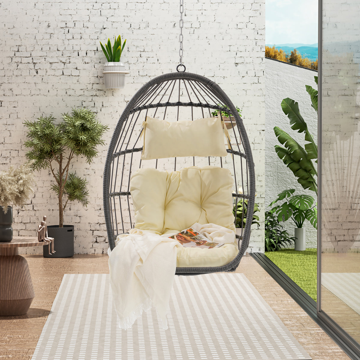 Outdoor Garden Rattan Egg Swing Chair Hanging Chair Wood Yes Complete Patio Set Khaki Yellow Uv Resistant Frame Water Resistant Cushion Garden & Outdoor American Design Complete Patio Sets
