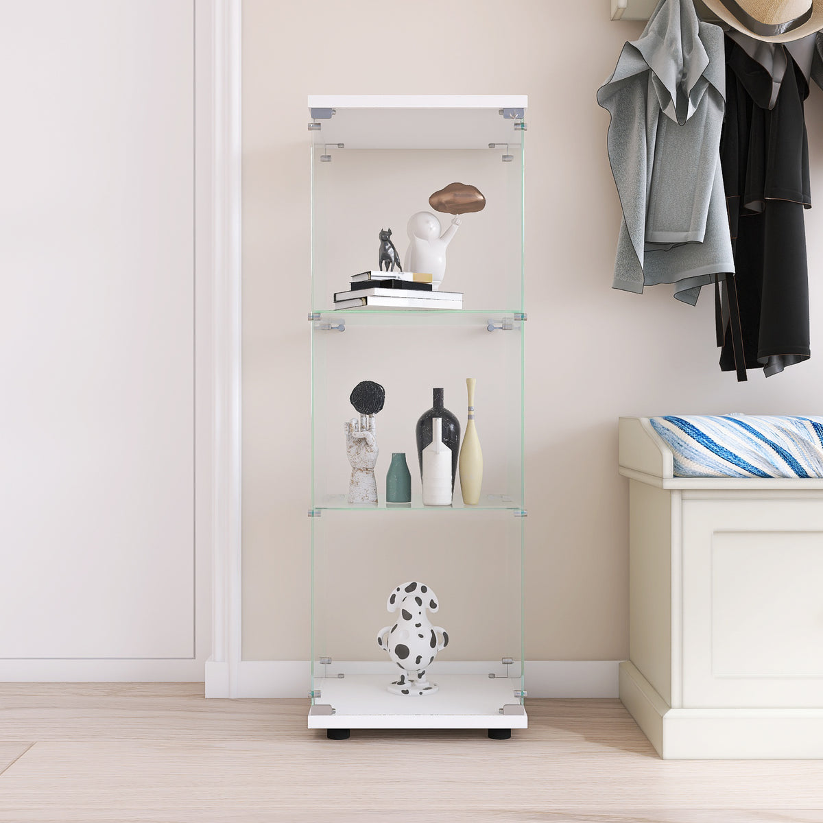 Glass Display Cabinet With 3 Shelves, One Door Curio Cabinets For Living Room, Bedroom, Office, White Floor Standing Glass Bookshelf, Quick Installation White Glass