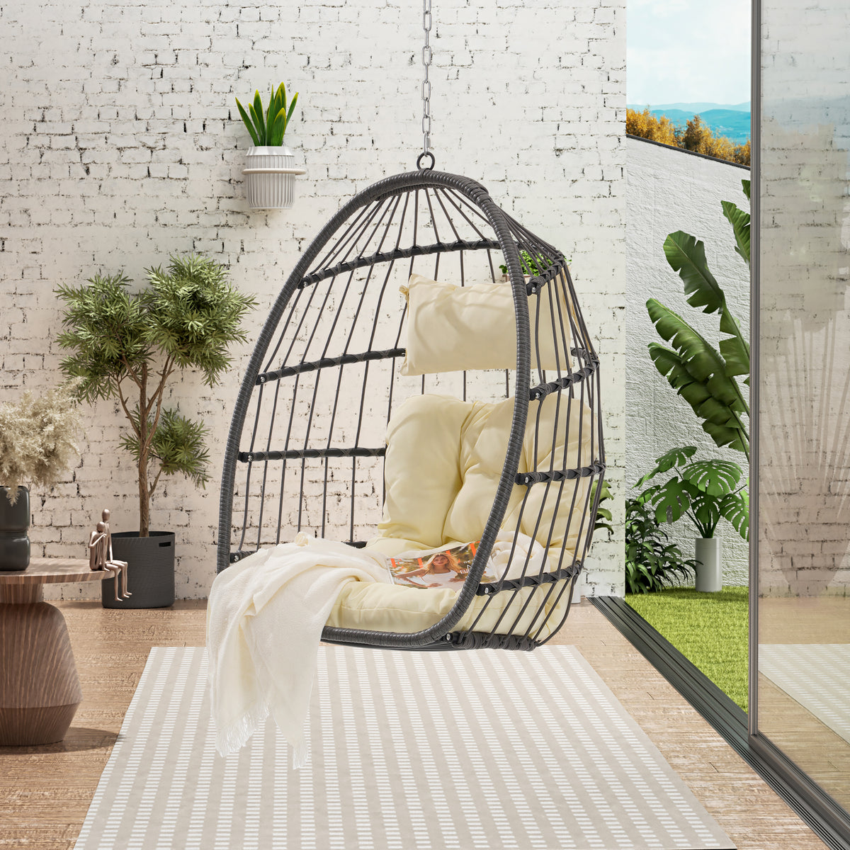 Outdoor Garden Rattan Egg Swing Chair Hanging Chair Wood Yes Complete Patio Set Khaki Yellow Uv Resistant Frame Water Resistant Cushion Garden & Outdoor American Design Complete Patio Sets