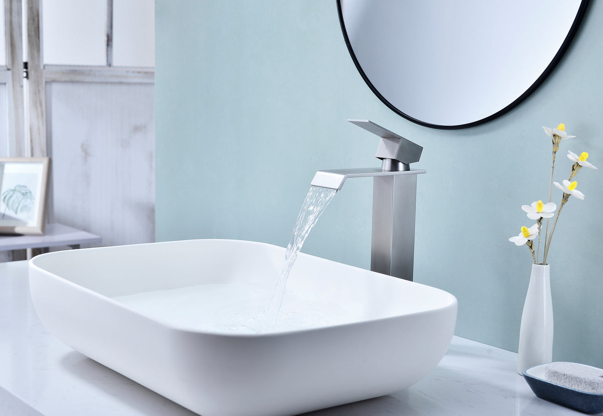 Waterfall Spout Bathroom Faucet,Single Handle Bathroom Vanity Sink Faucet Brushed Nickel Stainless Steel