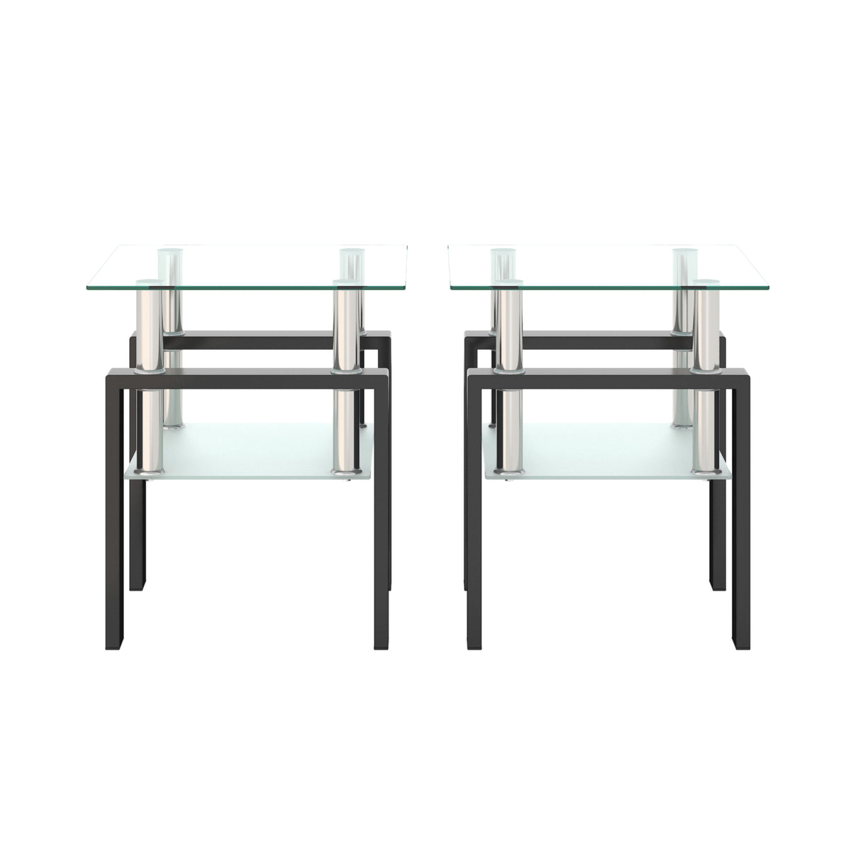 Set Of 2, Modern Tempered Glass Tea Table Coffee Table End Table, Square Table For Living Room, Transparent Black Transparent Tempered Glass