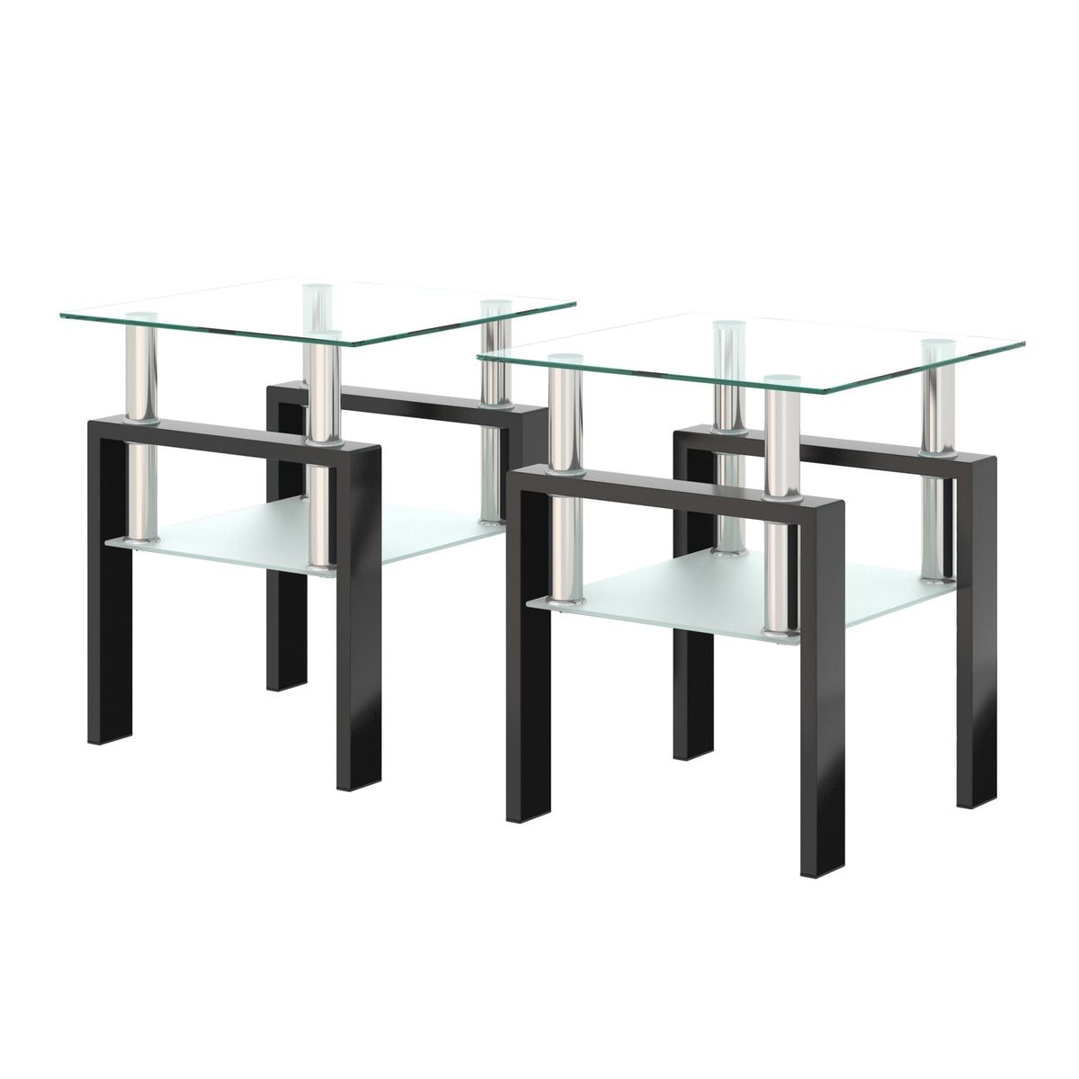 Set Of 2, Modern Tempered Glass Tea Table Coffee Table End Table, Square Table For Living Room, Transparent Black Transparent Tempered Glass