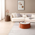 Not Available On 31.5Inch Coffee Table, Marble Top Orange Saddle Leather Body Iron Frame Orange Metal