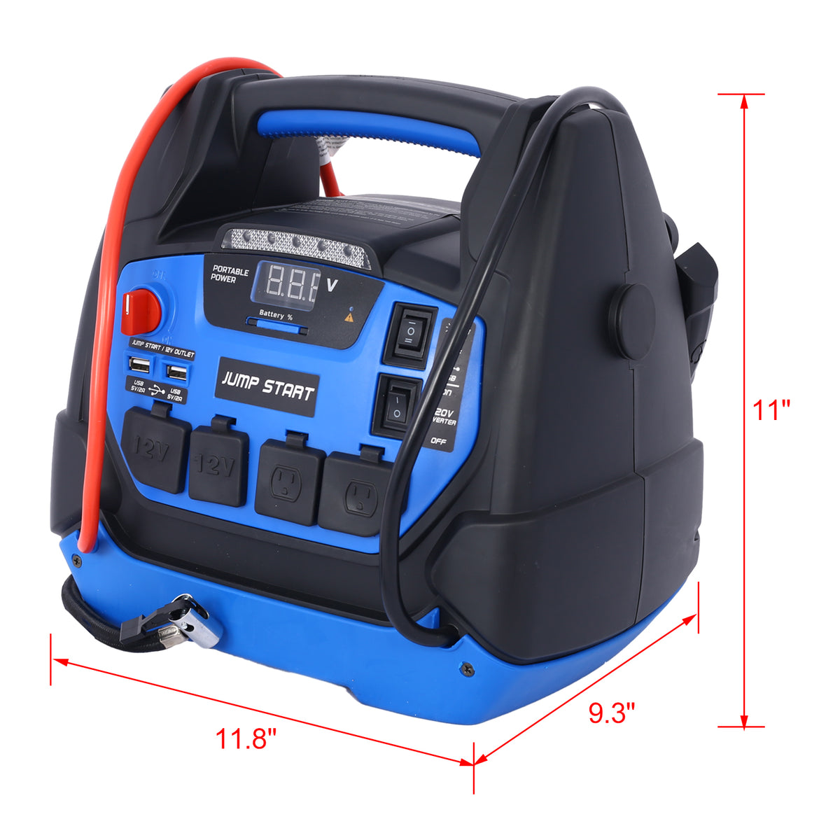 Rechargeable Jump Starter For Gas Diesel Vehicles 1800 Amps With Air Compressor And Ac, 12V Dc, Usb Power Station Black Blue Abs