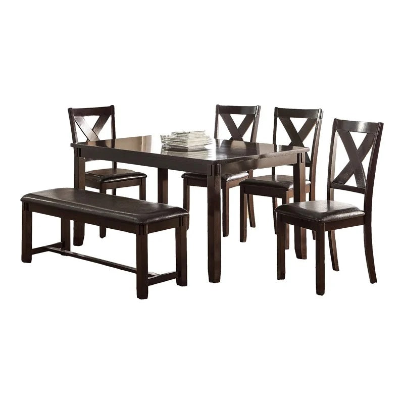 Dining Room Furniture Casual Modern 6Pc Set Dining Table 4X Side Chairs And A Bench Rubberwood And Birch Veneers Espresso Finish Brown Wood Dining Room Bench Seating Birch Rectangular Dining Table With Chair And Bench Wood Wood Espresso Seats 6 60 Inches