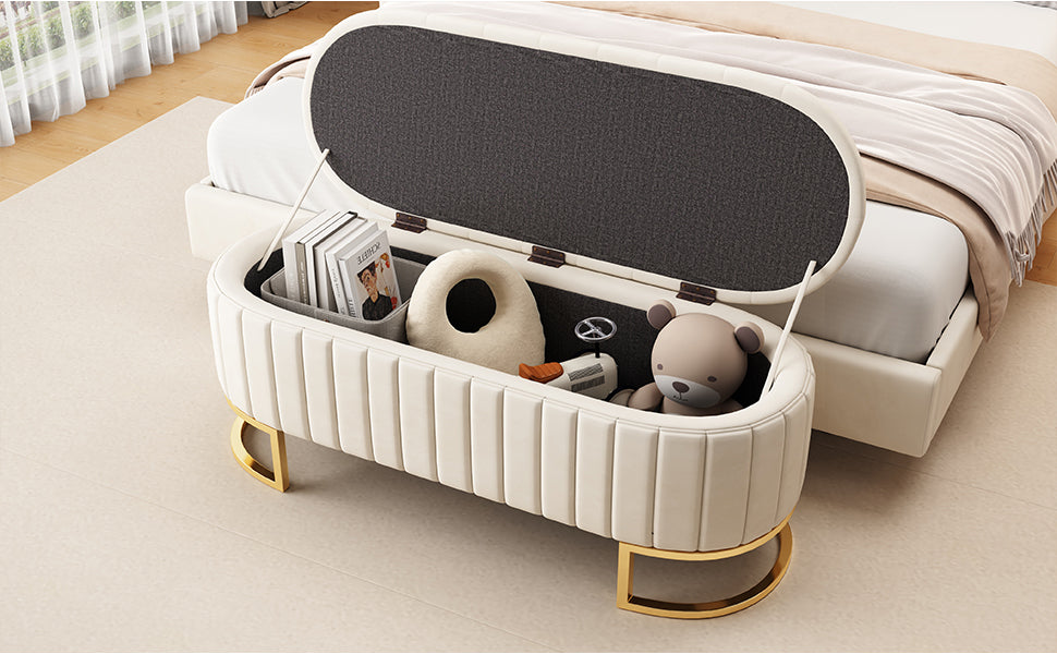 Elegant Upholstered Velvet Storage Ottoman With Button Tufted,Storage Bench With Metal Legs For Bedroom,Living Room,Fully Assembled Except Legs,Beige Beige Velvet