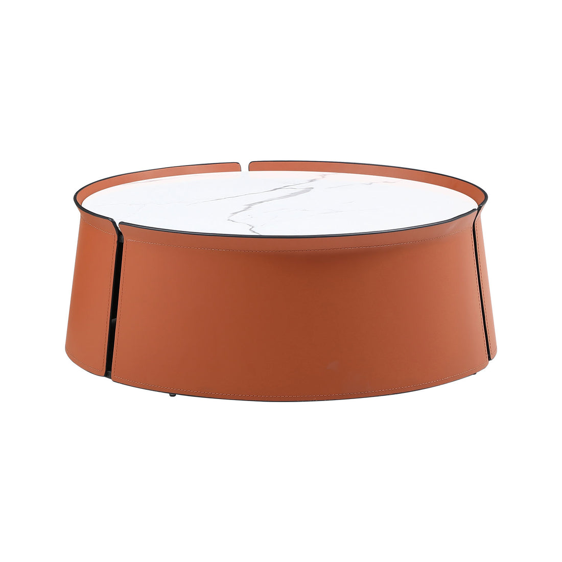 Not Available On 31.5Inch Coffee Table, Marble Top Orange Saddle Leather Body Iron Frame Orange Metal