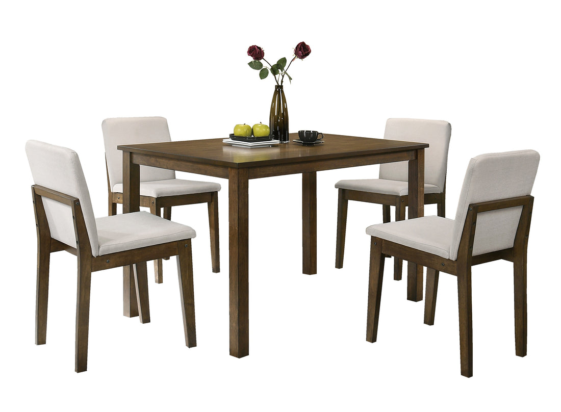 Dark Walnut Finish 5Pc Dining Room Set Dining Table 4X Chairs Beige Fabric Chair Seat Kitchen Breakfast Dining Room Furniture Rubberwood Veneer Unique Design Brown Wood Dining Room Rubberwood Rectangular Dining Table With Chair Wood Wood Walnut Solid
