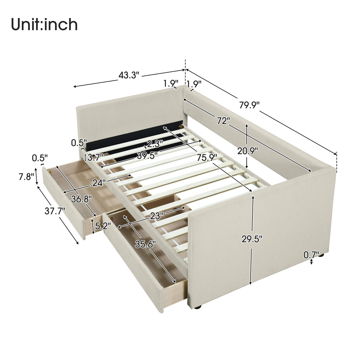 Twin Size Corduroy Daybed With Two Drawers And Wood Slat, Beige Beige Corduroy