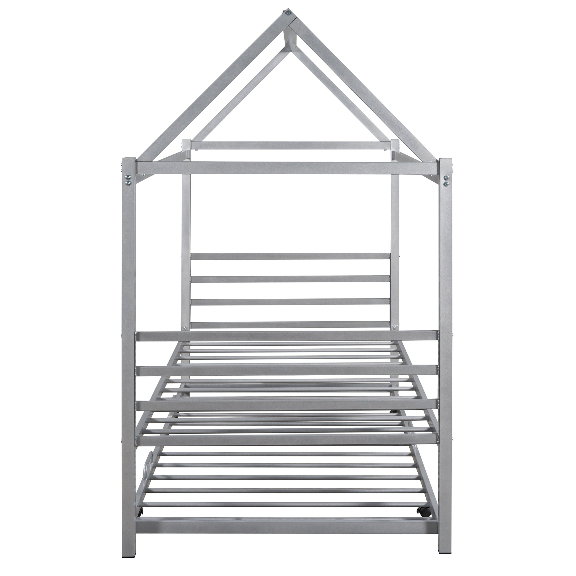 Twin Size Metal House Shape Platform Bed With Trundle,Silver Twin Silver Metal Bedroom Bed Frame Metal