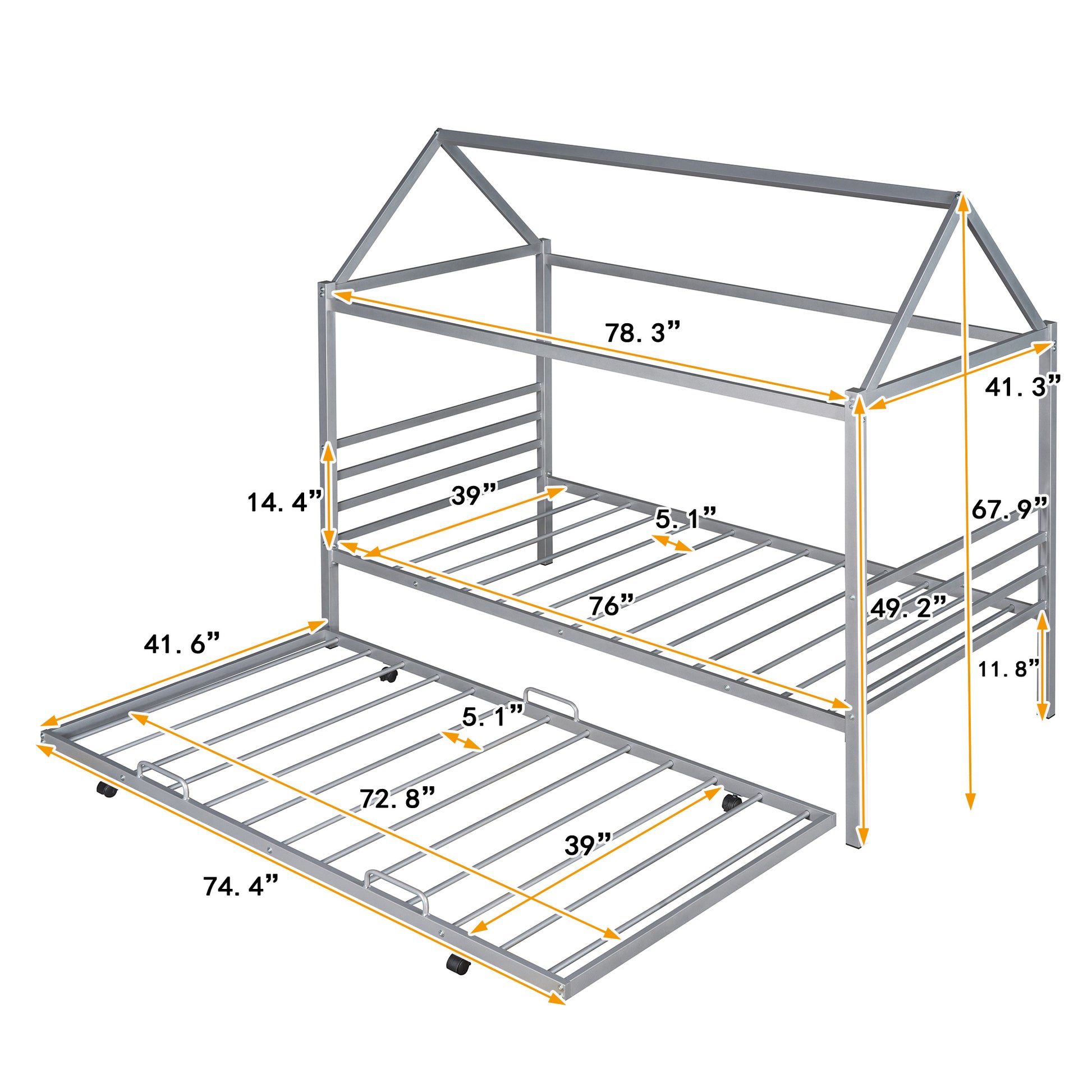 Twin Size Metal House Shape Platform Bed With Trundle,Silver Twin Silver Metal Bedroom Bed Frame Metal
