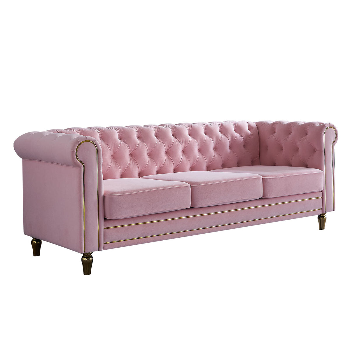 Chesterfield Velvet Sofa 84.65 Inch For Living Room Pink Color Pink Velvet Wood Primary Living Space Tufted Back Modern Rolled Arms Foam Velvet 3 Seat