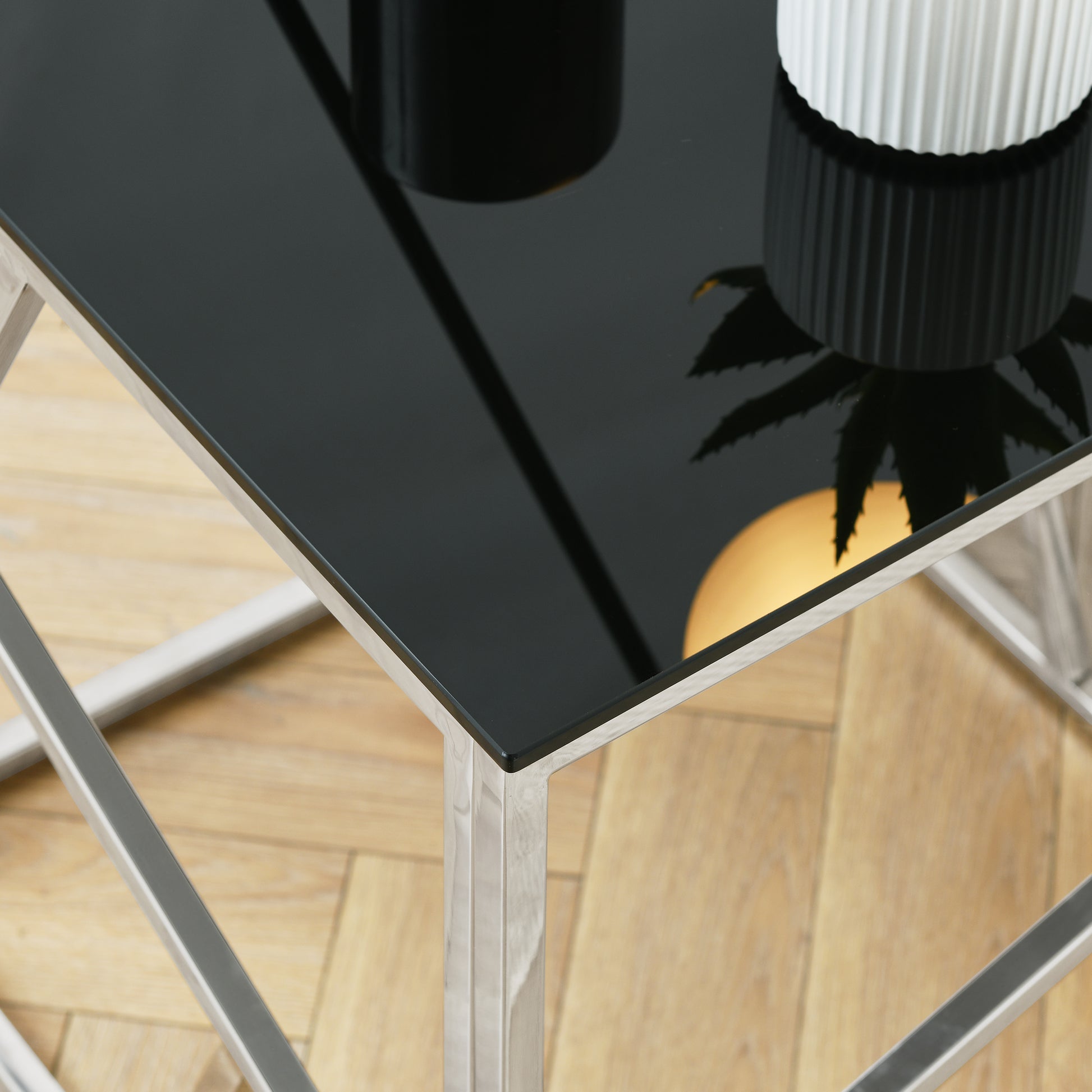 Modern Rectangular Coffee Accent Table With Black Tempered Glass Top And Stainless Steel Frame For Living Room Bedroom Polished Chrome Chrome Stainless Steel