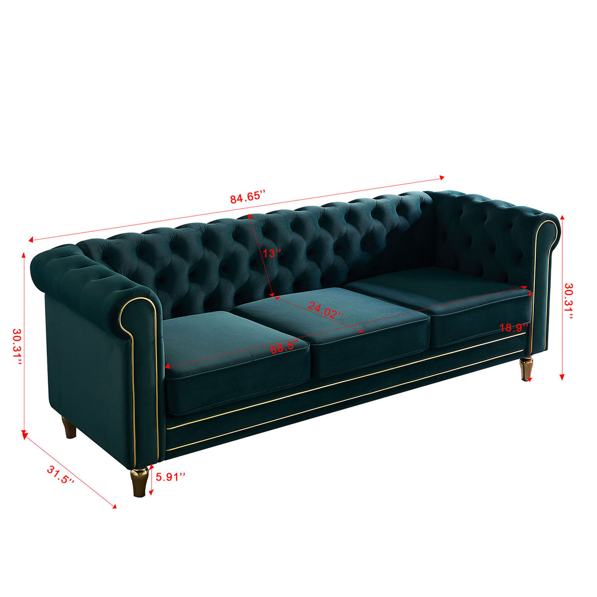Chesterfield Velvet Sofa 84.65 Inch For Living Room Green Color Green Velvet Wood Primary Living Space Tufted Back Modern Rolled Arms Foam Velvet 3 Seat