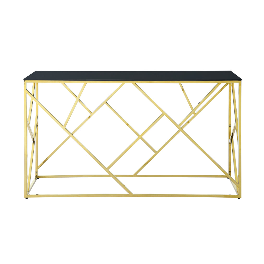 Modern Glass Console Table, 55" Gold Sofa Table With Sturdy Metal Frame And Black Tempered Glass Top, For Living Room Entryway Bedroom, Gold Finish Polished Golden Stainless Steel