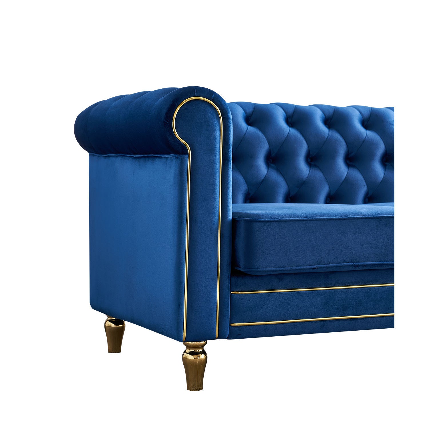 Chesterfield Velvet Sofa 84.65 Inch For Living Room Blue Color Blue Velvet Wood Primary Living Space Tufted Back Modern Rolled Arms Foam Velvet 3 Seat