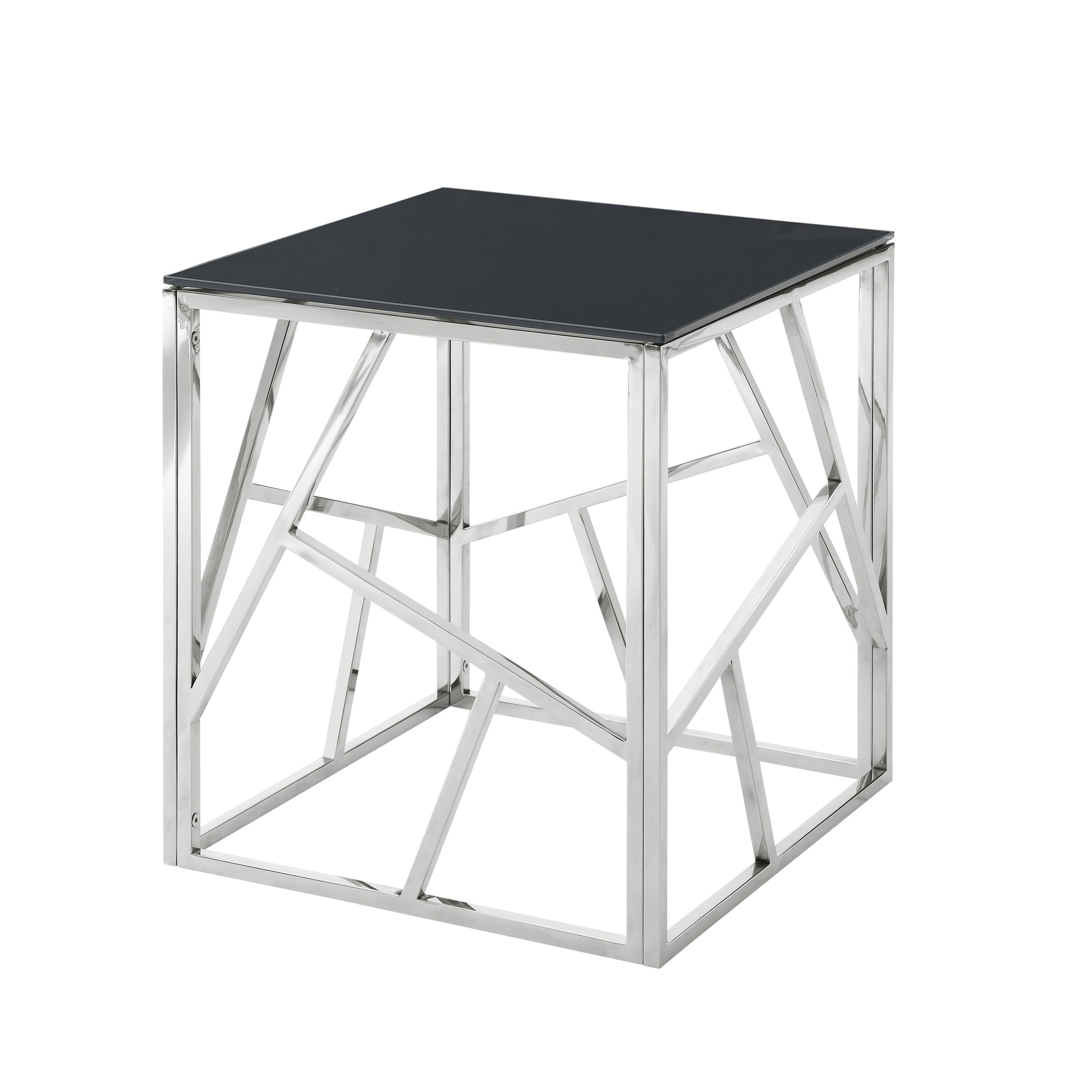 20 Inch Modern Glass End Table With Geometric Metal Frame, Accent Table Nightstand Furniture Corner Table For Living Room,Home Office,Bedroom Chrome Chrome Stainless Steel