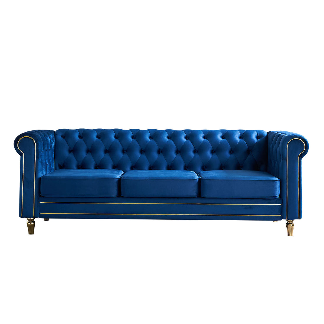 Chesterfield Velvet Sofa 84.65 Inch For Living Room Blue Color Blue Velvet Wood Primary Living Space Tufted Back Modern Rolled Arms Foam Velvet 3 Seat