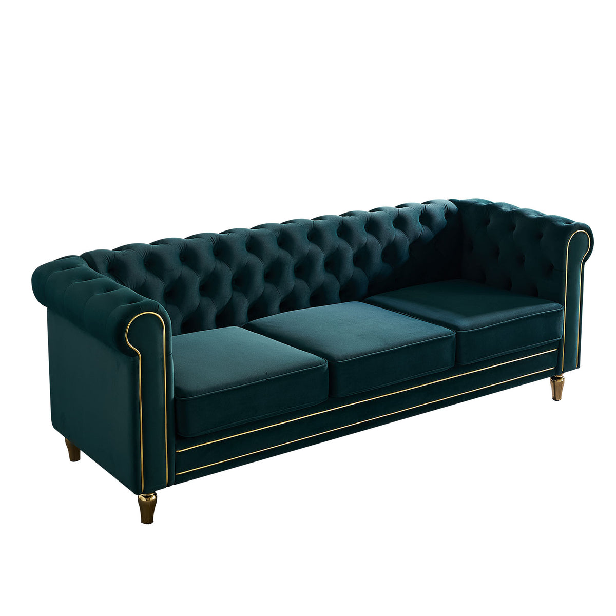 Chesterfield Velvet Sofa 84.65 Inch For Living Room Green Color Green Velvet Wood Primary Living Space Tufted Back Modern Rolled Arms Foam Velvet 3 Seat