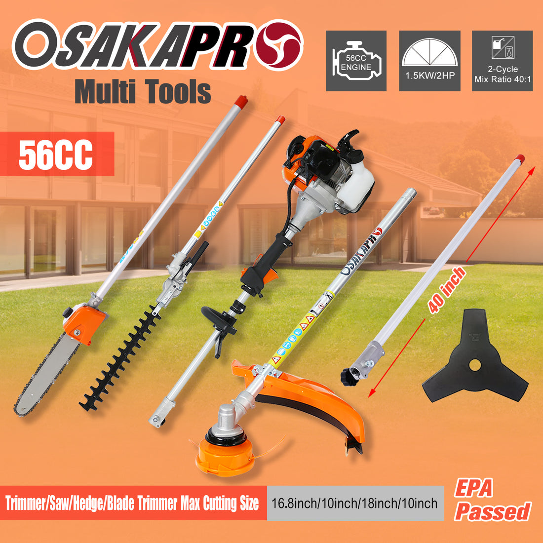 5 In 1 Multi Functional Trimming Tool, 56Cc 2 Cycle Garden Tool System With Gas Pole Saw, Hedge Trimmer, Grass Trimmer, And Brush Cutter Epa Compliant Orange Plastic