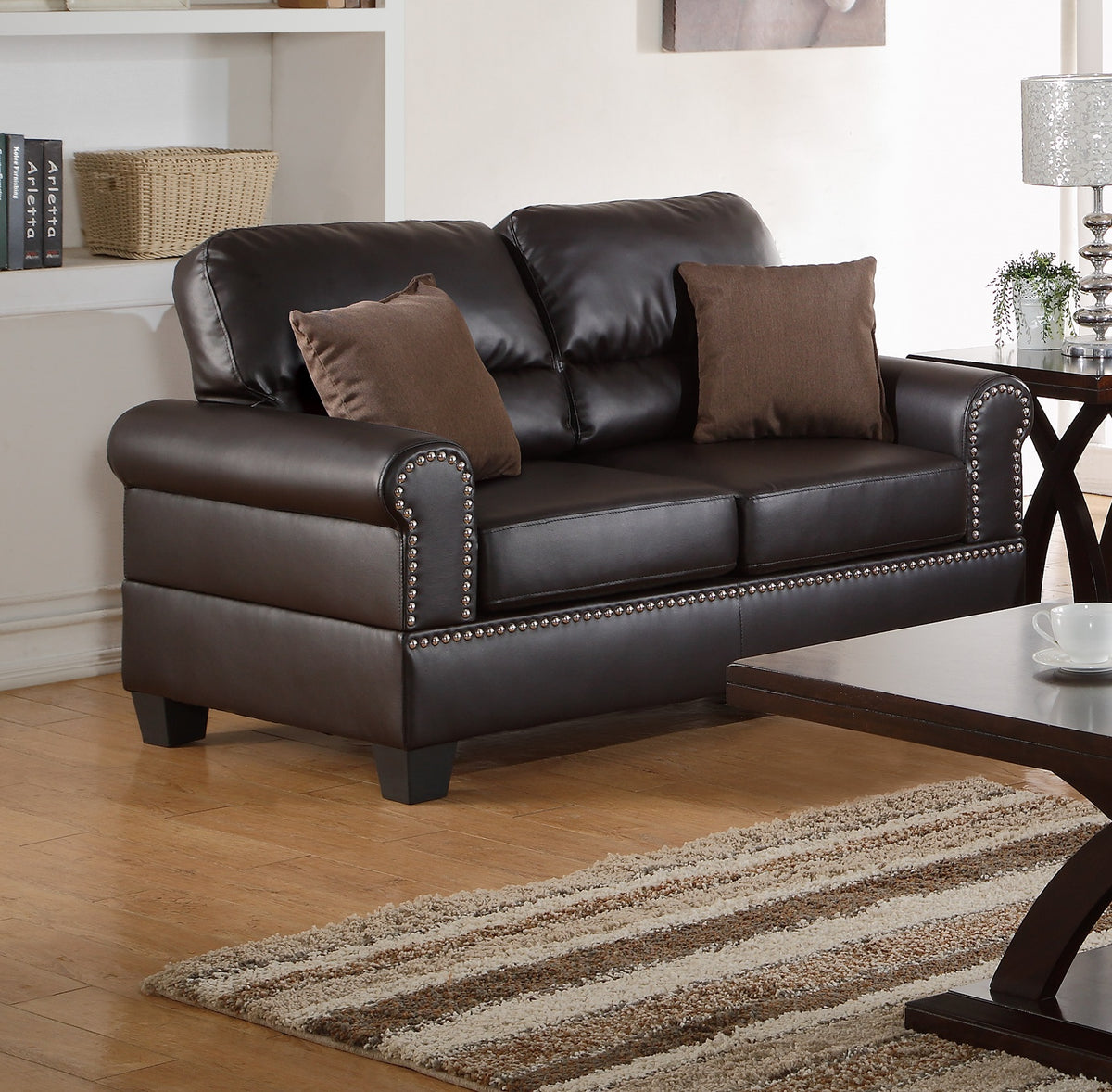 Espresso Faux Leather 2Pc Sofa Set Sofa And Loveseat Elegant Plush Contemporary Couch Living Room Furniture Espresso Espresso Faux Leather Wood Primary Living Space Cushion Back Classic,Contemporary,Modern Rolled Arms Foam Bonded Leather 5 Seat