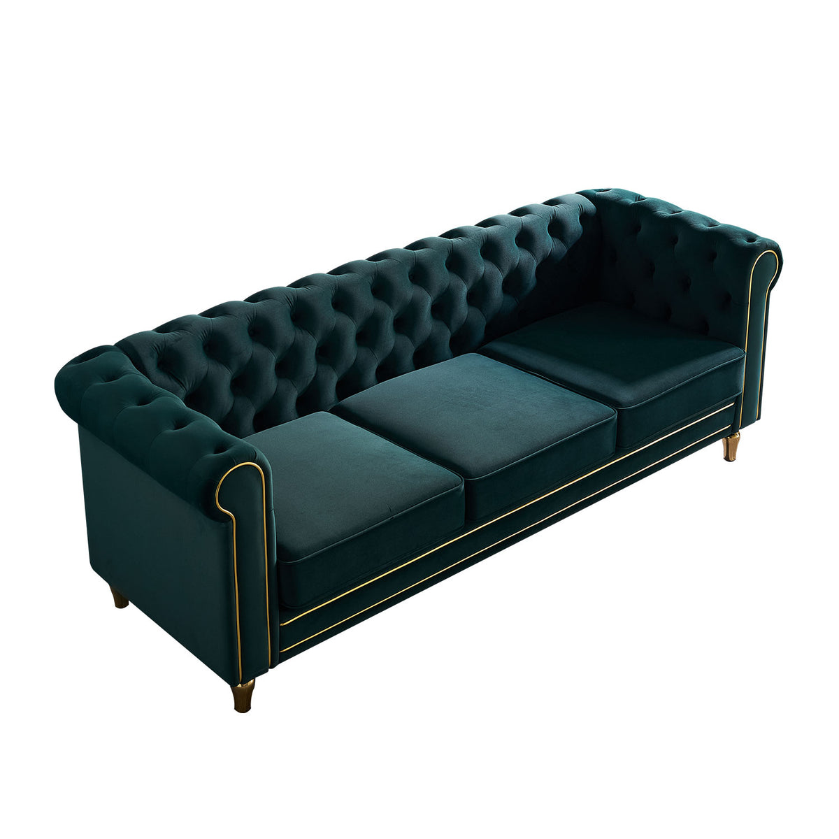 Chesterfield Velvet Sofa 84.65 Inch For Living Room Green Color Green Velvet Wood Primary Living Space Tufted Back Modern Rolled Arms Foam Velvet 3 Seat