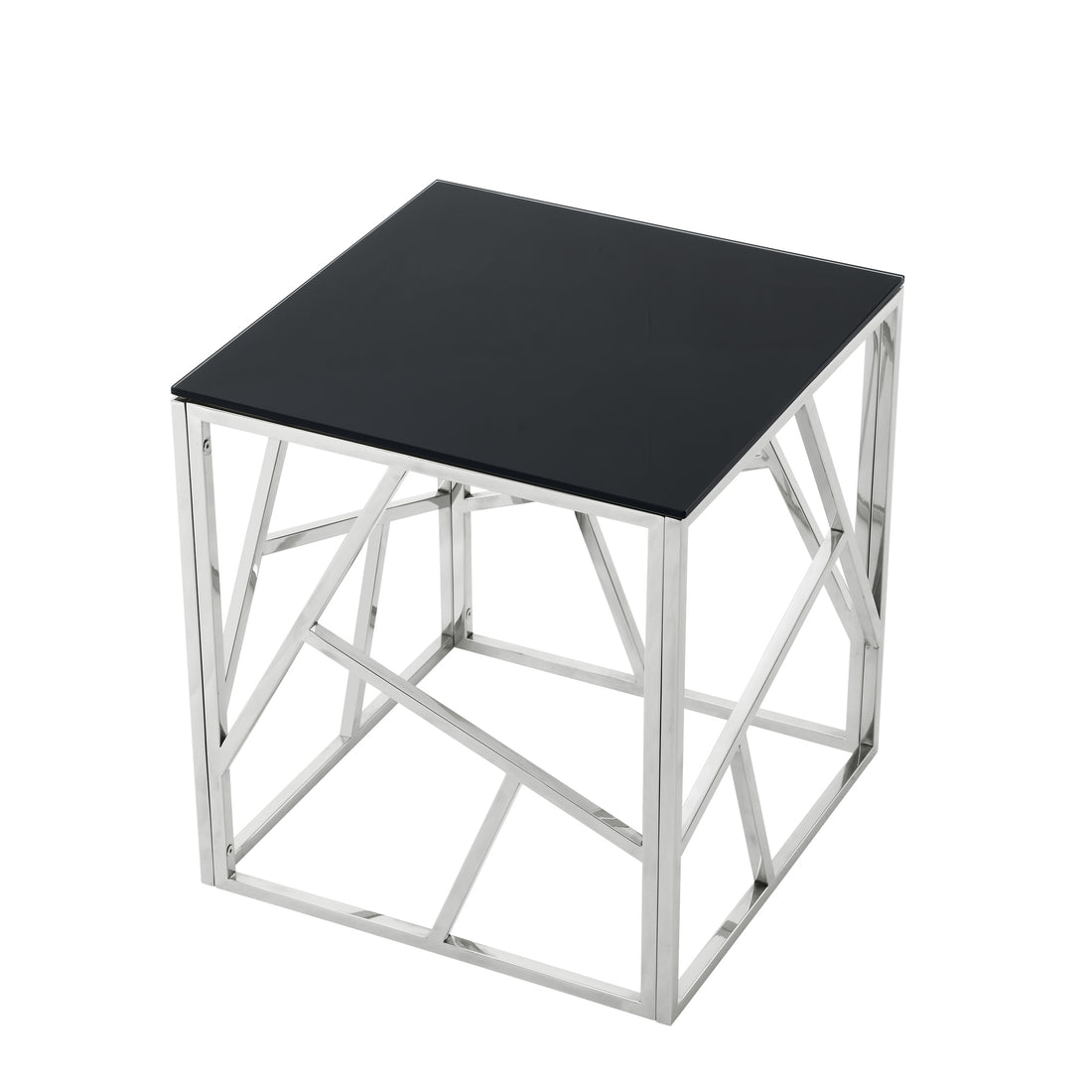 20 Inch Modern Glass End Table With Geometric Metal Frame, Accent Table Nightstand Furniture Corner Table For Living Room,Home Office,Bedroom Chrome Chrome Stainless Steel